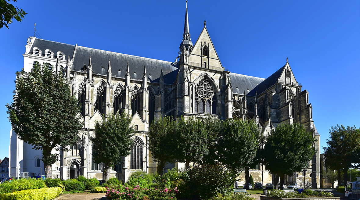 Impressive French architecture cathedral with tall green trees in front